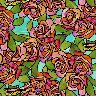 Stained Glass Garden- Roses- Aqua
